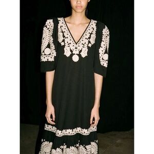 NWT SEA New York Midi Embroidered Cotton-Linen Blend Holly V-Neck Dress